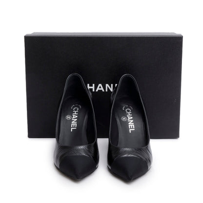 Chanel Black Goatskin Grosgrain Cap Toe Faux Pearl CC Pumps, Size 36