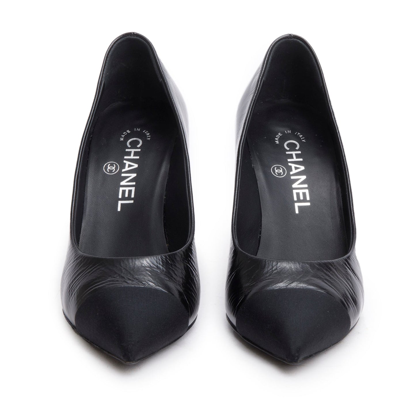 Chanel Black Goatskin Grosgrain Cap Toe Faux Pearl CC Pumps, Size 36
