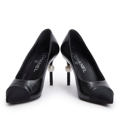 Chanel Black Goatskin Grosgrain Cap Toe Faux Pearl CC Pumps, Size 36