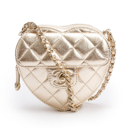 Chanel 2025 Gold Lambskin Quilted CC In Love Mini Heart Bag