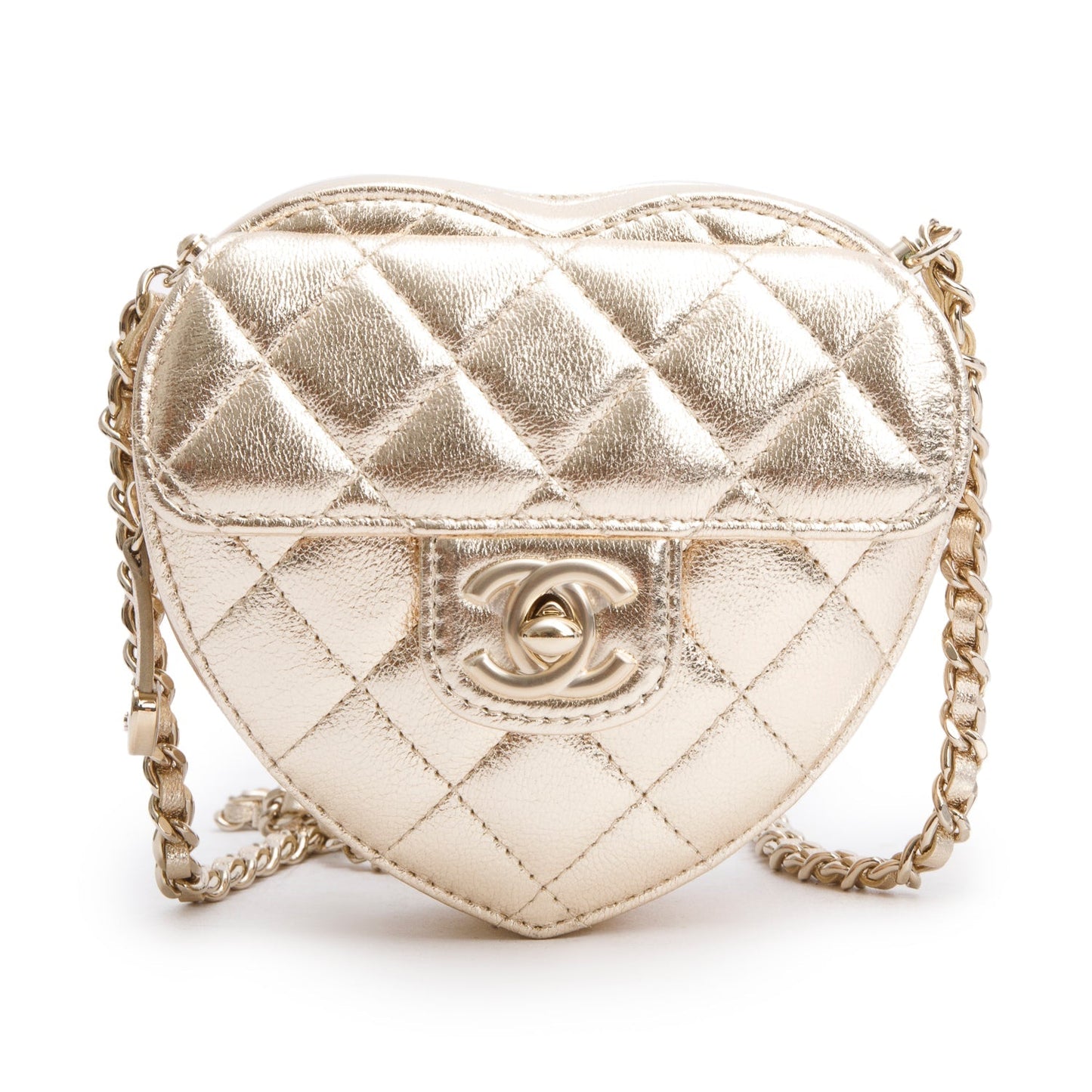 Chanel 2025 Gold Lambskin Quilted CC In Love Mini Heart Bag