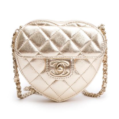 Chanel 2025 Gold Lambskin Quilted CC In Love Mini Heart Bag