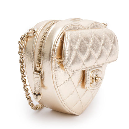 Chanel 2025 Gold Lambskin Quilted CC In Love Mini Heart Bag