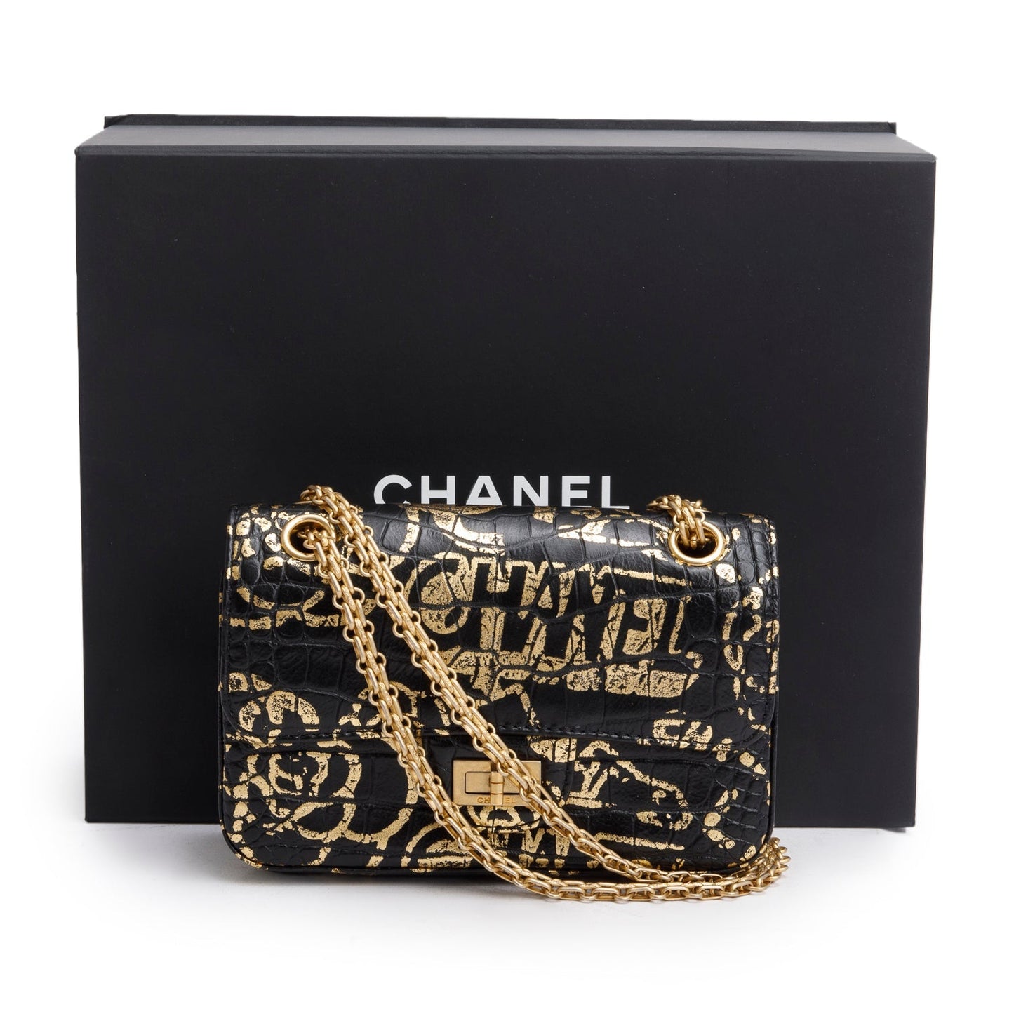 Chanel Black Calfskin Croc Embossed Grafitti 2.55 Mini Reissue Flap Bag