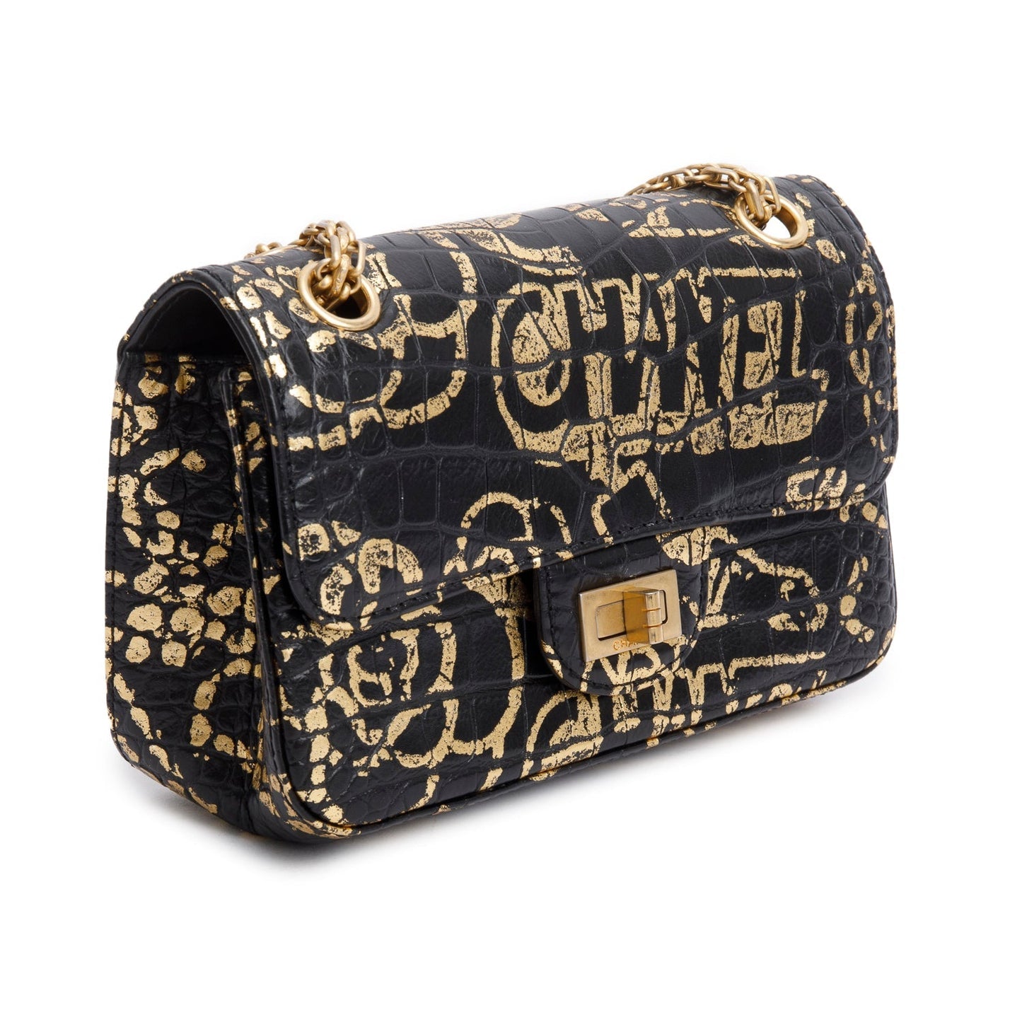 Chanel Black Calfskin Croc Embossed Grafitti 2.55 Mini Reissue Flap Bag