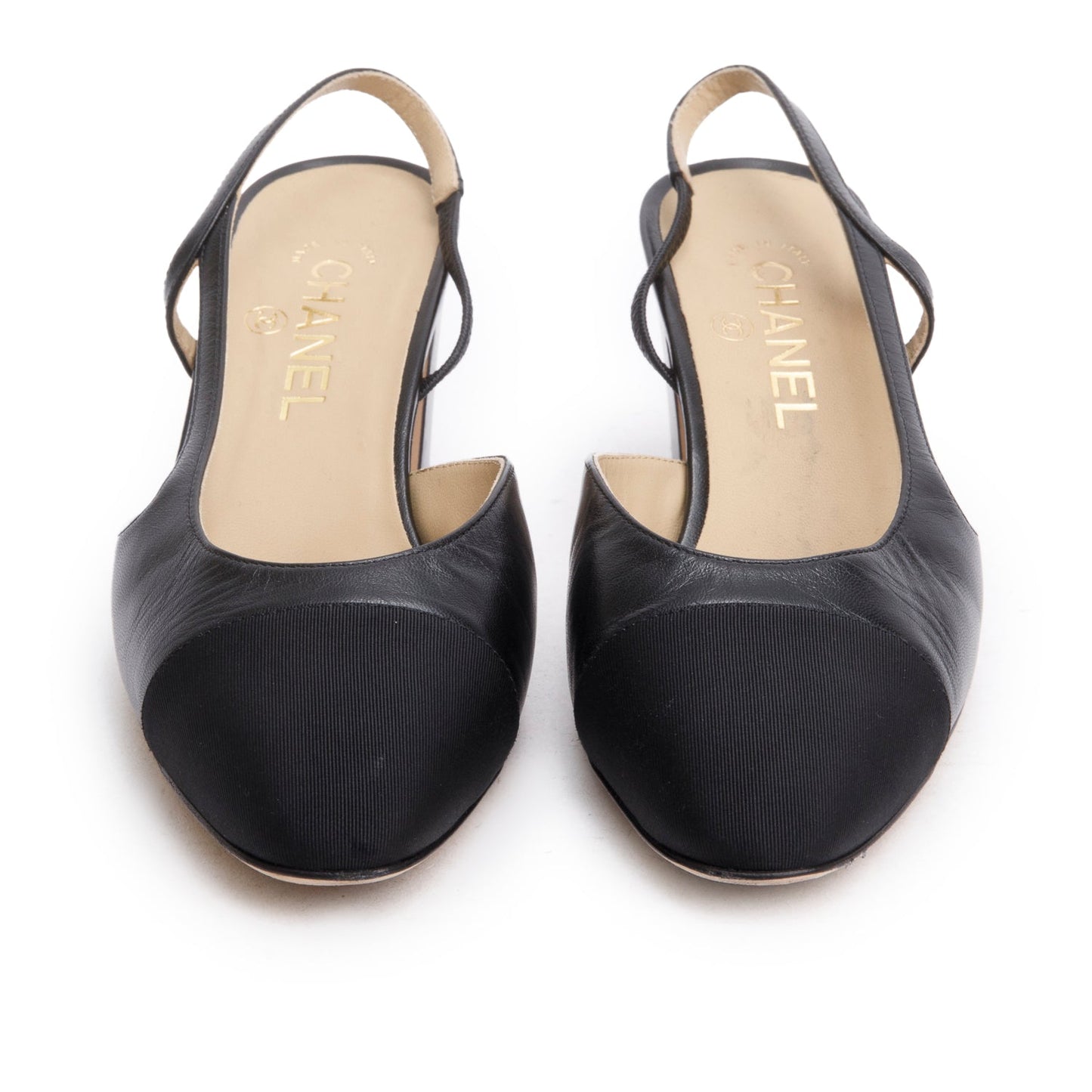 Chanel Black Goatskin & Grosgrain Cap Toe CC Slingback Pumps, Size 39.5