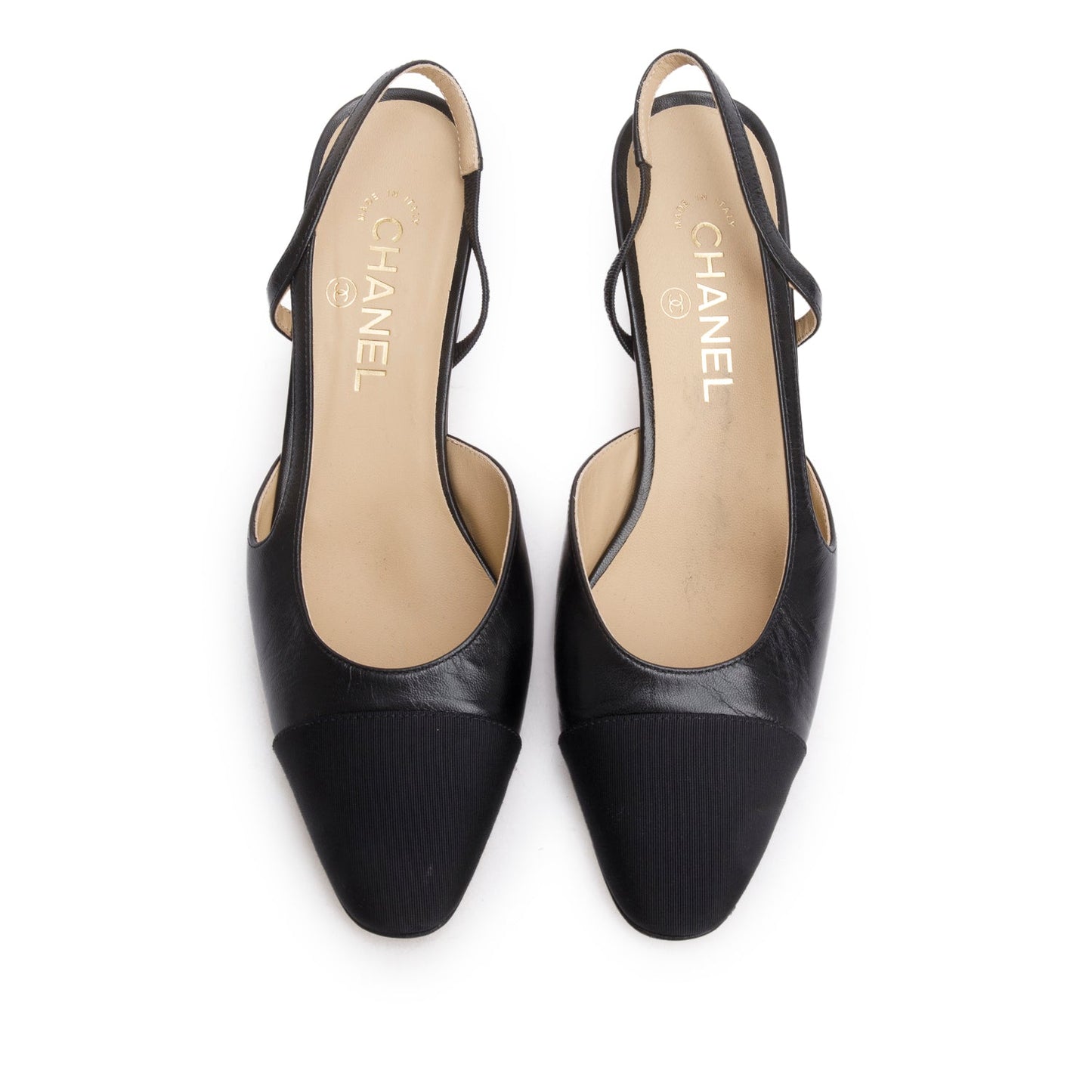 Chanel Black Goatskin & Grosgrain Cap Toe CC Slingback Pumps, Size 39.5