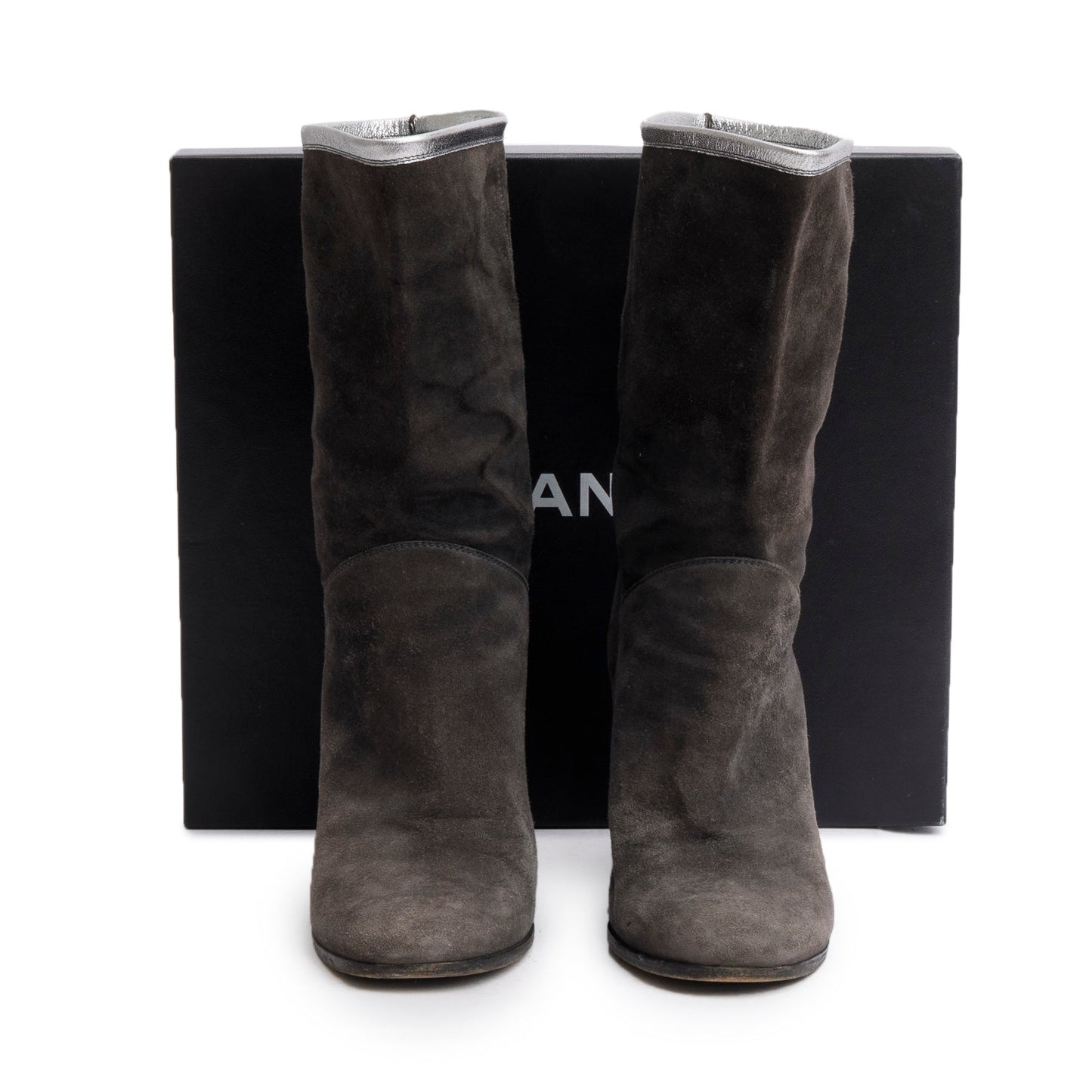 Chanel Grey Suede Interlocking CC Mid Calf Booties, Size 38