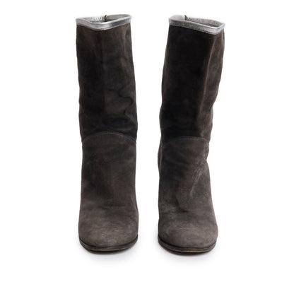 Chanel Grey Suede Interlocking CC Mid Calf Booties, Size 38