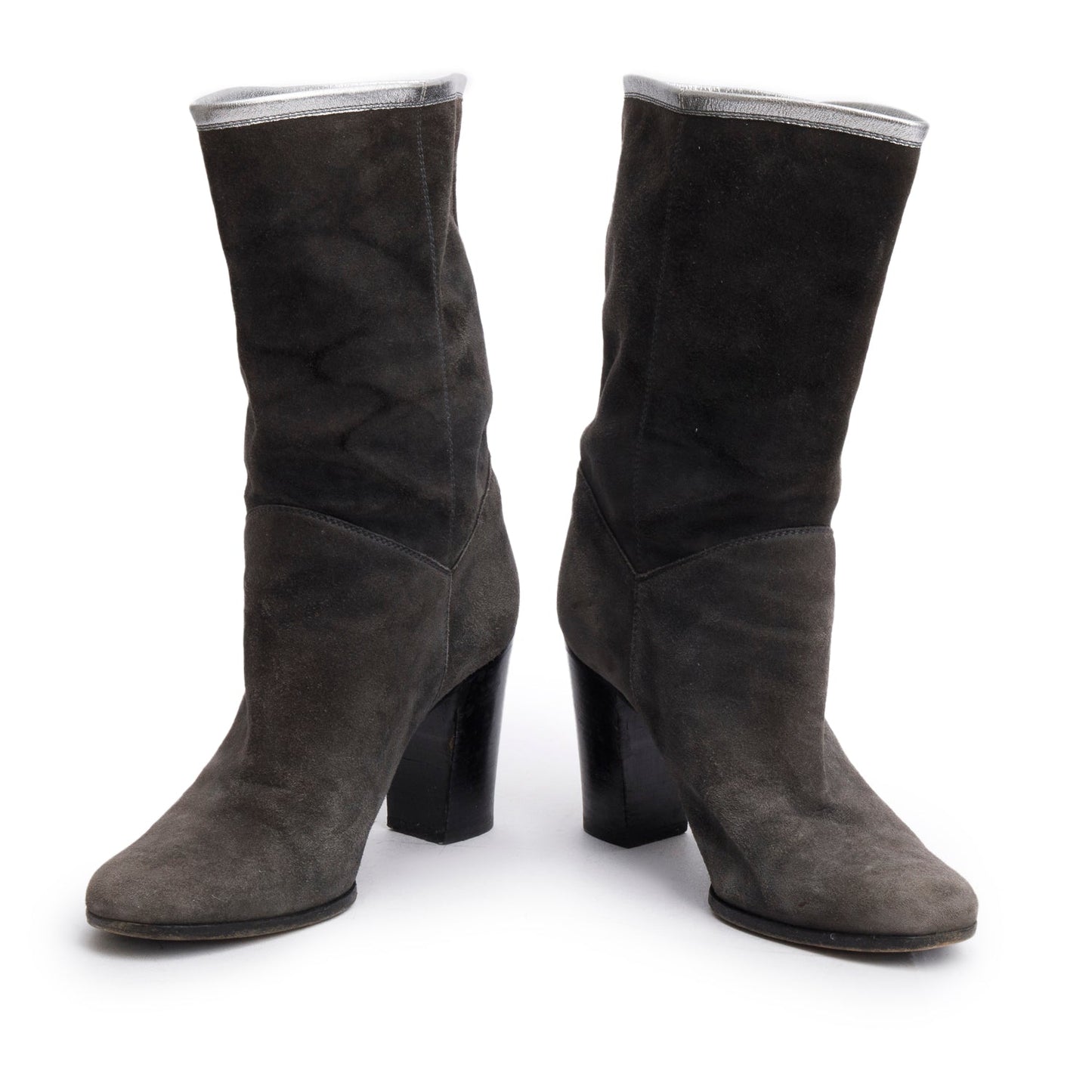 Chanel Grey Suede Interlocking CC Mid Calf Booties, Size 38