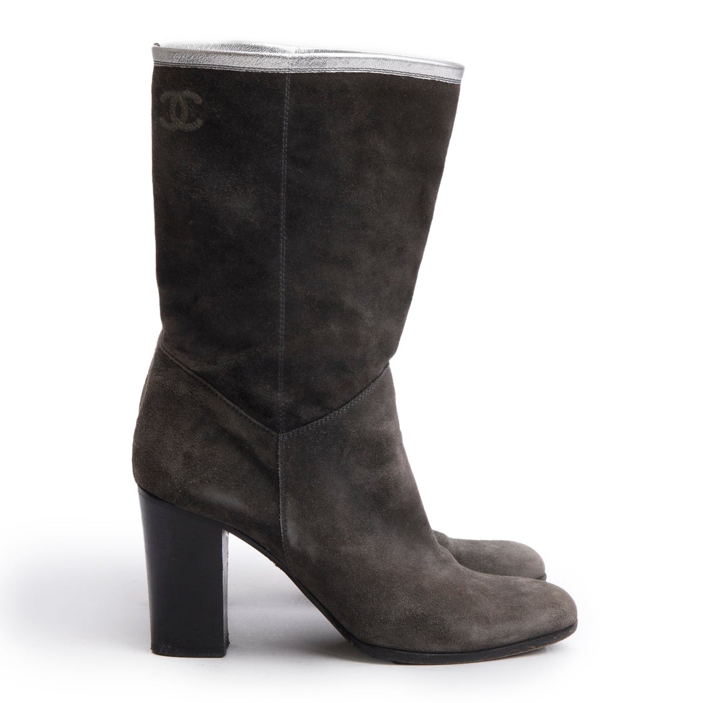 Chanel Grey Suede Interlocking CC Mid Calf Booties, Size 38