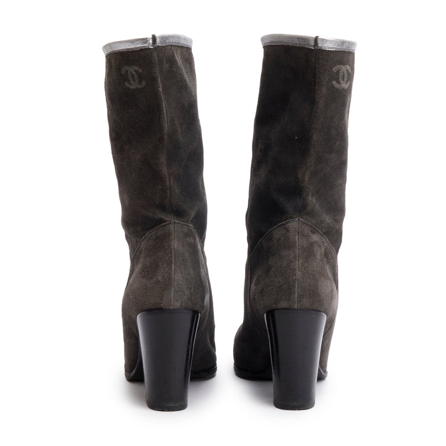 Chanel Grey Suede Interlocking CC Mid Calf Booties, Size 38