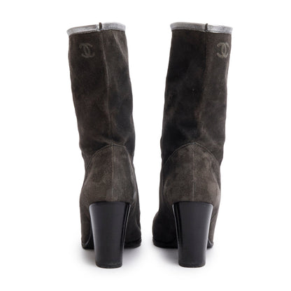 Chanel Grey Suede Interlocking CC Mid Calf Booties, Size 38