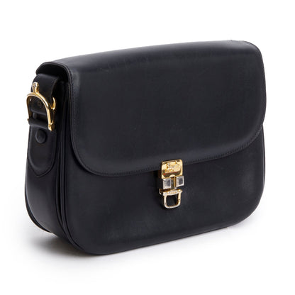 Celine Vintage Black Leather Horse Carriage Shoulder Bag