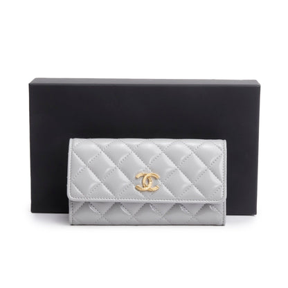 Chanel Grey Shiny Calfskin Leather Classic Small Flap Wallet