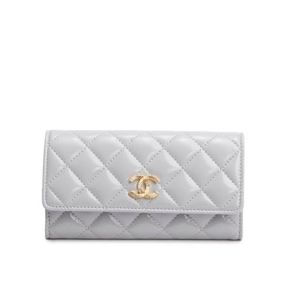 Chanel Grey Shiny Calfskin Leather Classic Small Flap Wallet