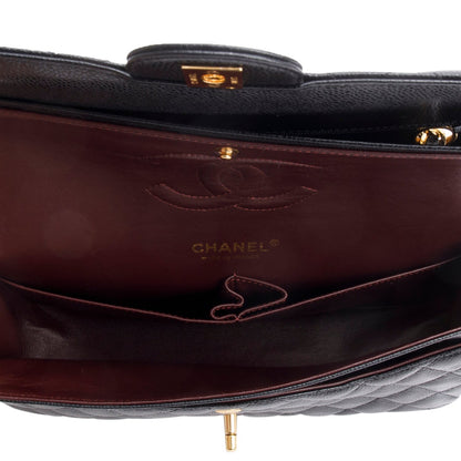 Chanel Black Quilted Caviar Leather Classic Medium Double Flap Bag