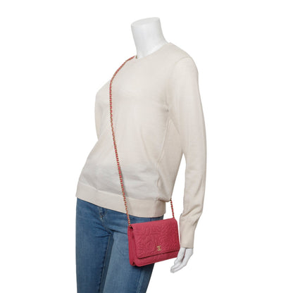 Chanel Pink Lambskin Camellia Embossed Wallet on Chain