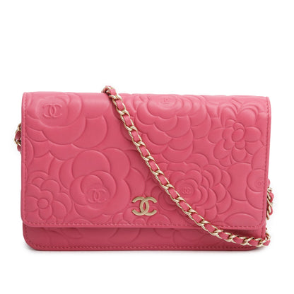 Chanel Pink Lambskin Camellia Embossed Wallet on Chain