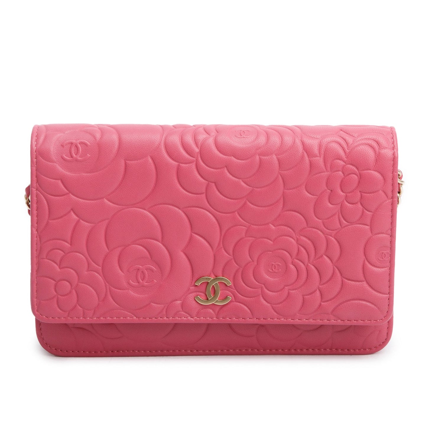 Chanel Pink Lambskin Camellia Embossed Wallet on Chain