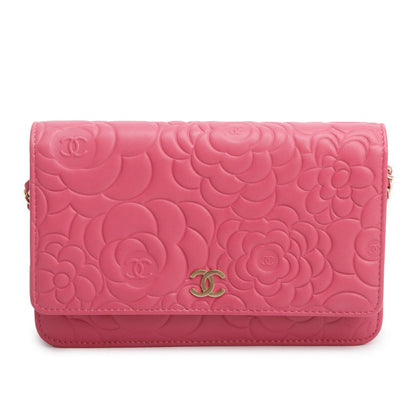 Chanel Pink Lambskin Camellia Embossed Wallet on Chain