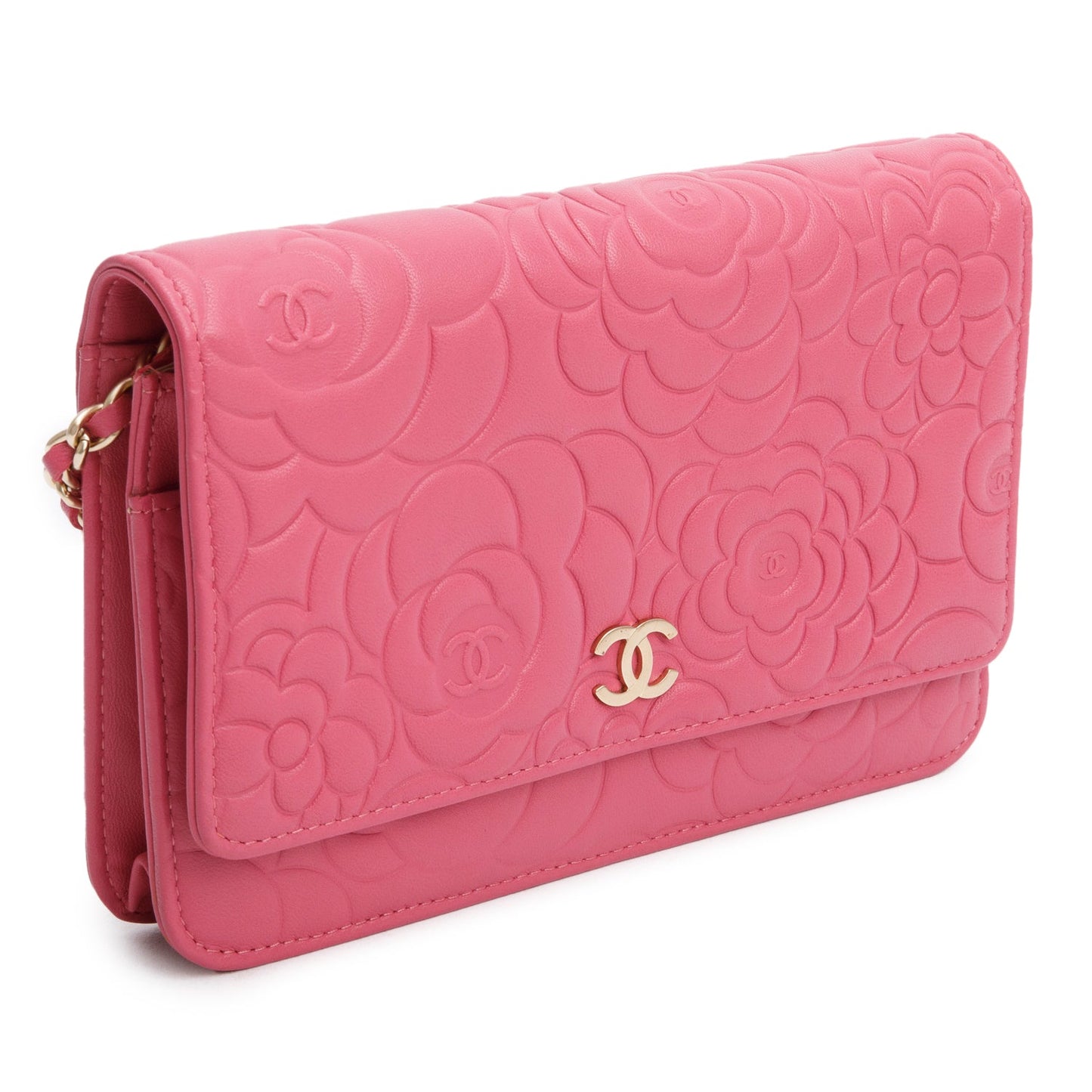 Chanel Pink Lambskin Camellia Embossed Wallet on Chain