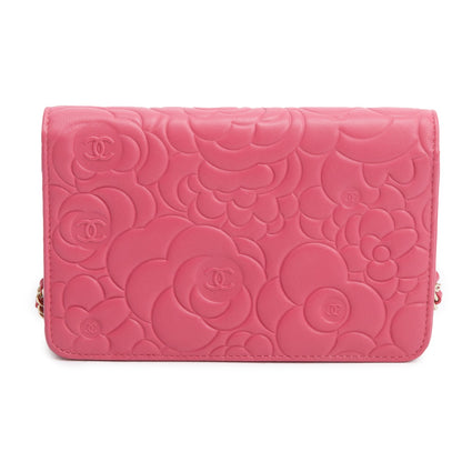 Chanel Pink Lambskin Camellia Embossed Wallet on Chain