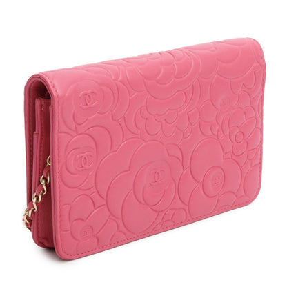 Chanel Pink Lambskin Camellia Embossed Wallet on Chain