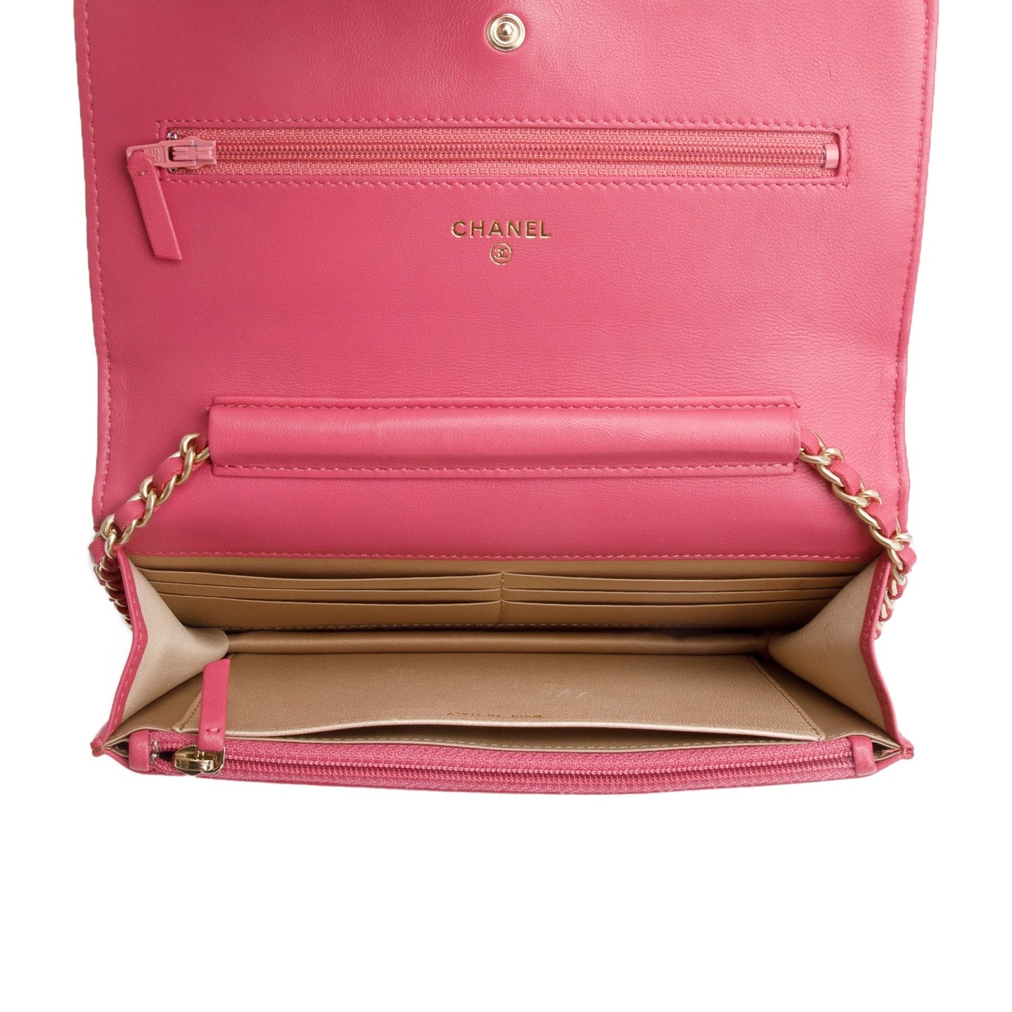 Chanel Pink Lambskin Camellia Embossed Wallet on Chain