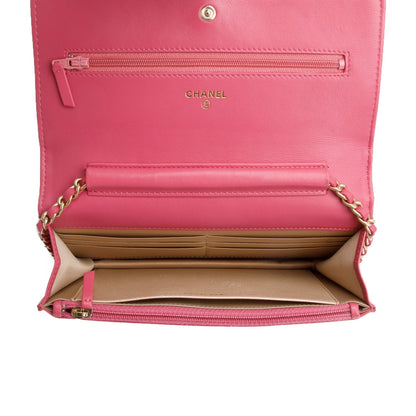 Chanel Pink Lambskin Camellia Embossed Wallet on Chain
