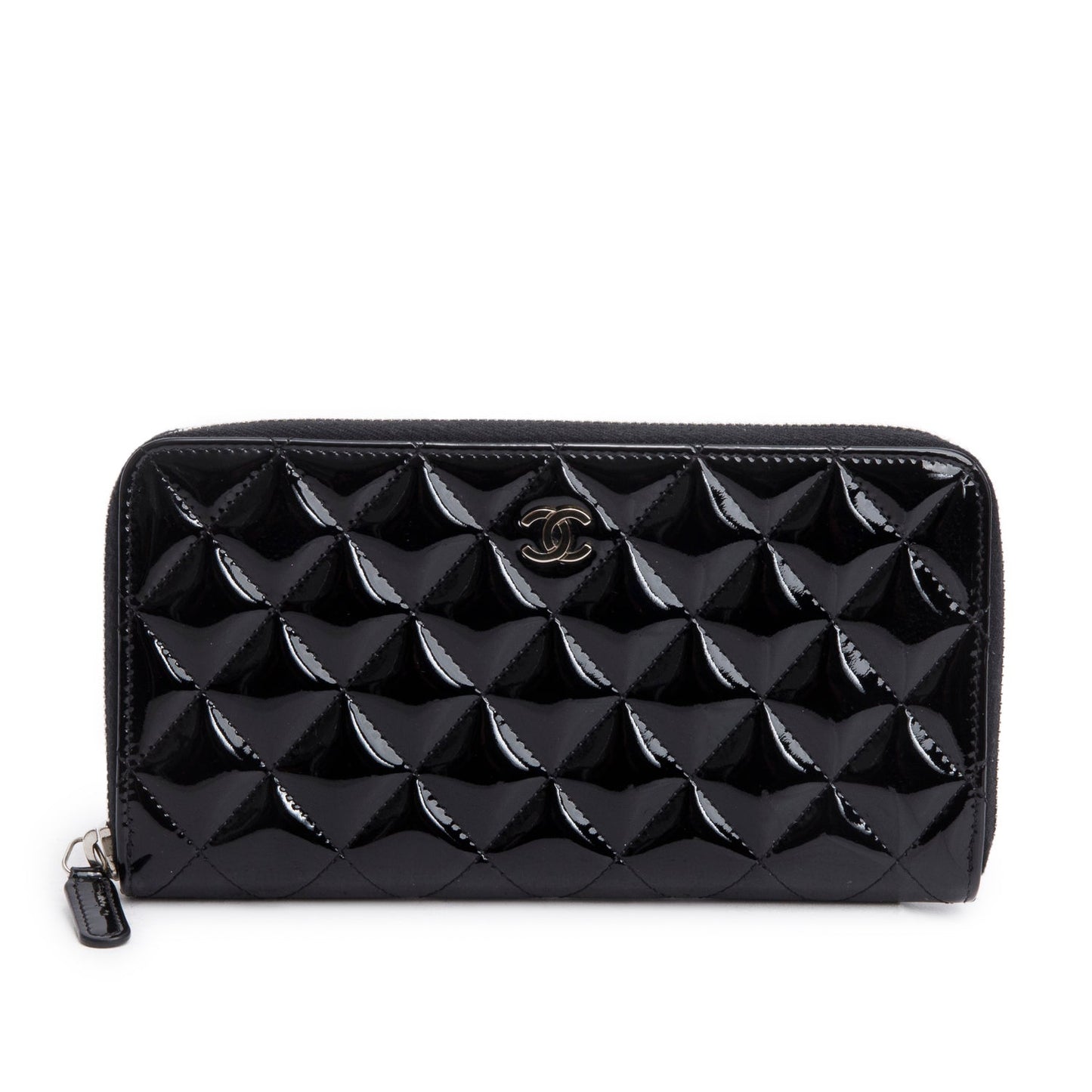 Chanel Black Patent Leather Calfskin Quilted Large Gusset Zip Around Wallet