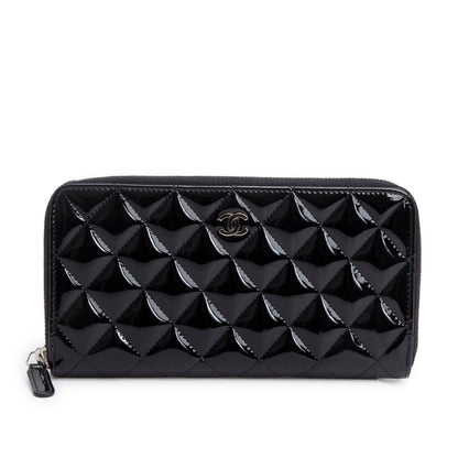 Chanel Black Patent Leather Calfskin Quilted Large Gusset Zip Around Wallet