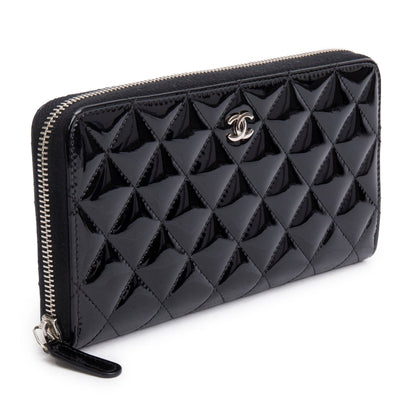 Chanel Black Patent Leather Calfskin Quilted Large Gusset Zip Around Wallet
