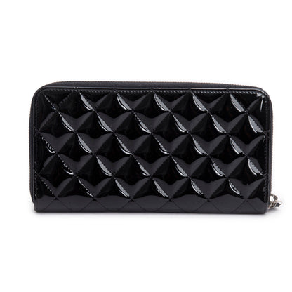 Chanel Black Patent Leather Calfskin Quilted Large Gusset Zip Around Wallet
