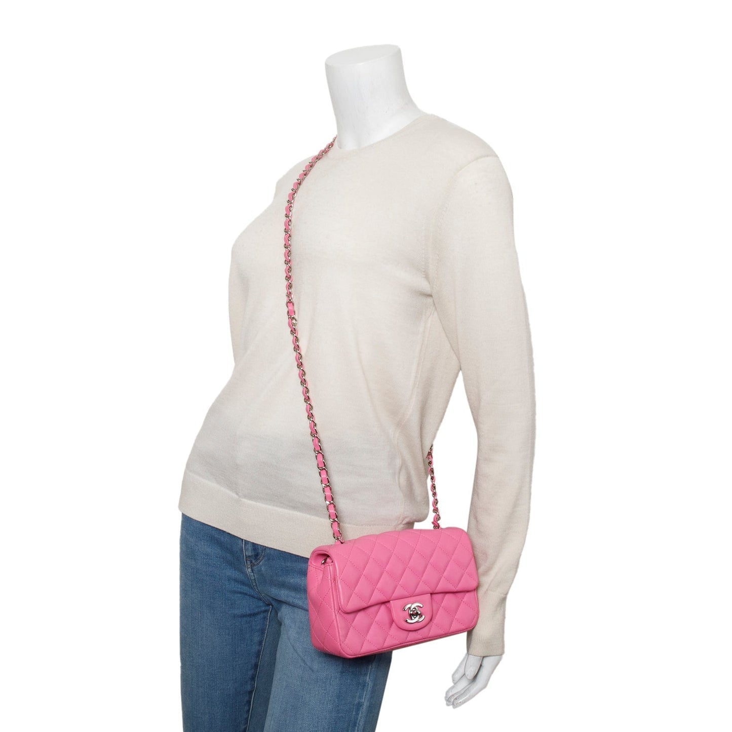 Chanel 2021 Pink Lambskin Quilted Mini Rectangular Flap Bag