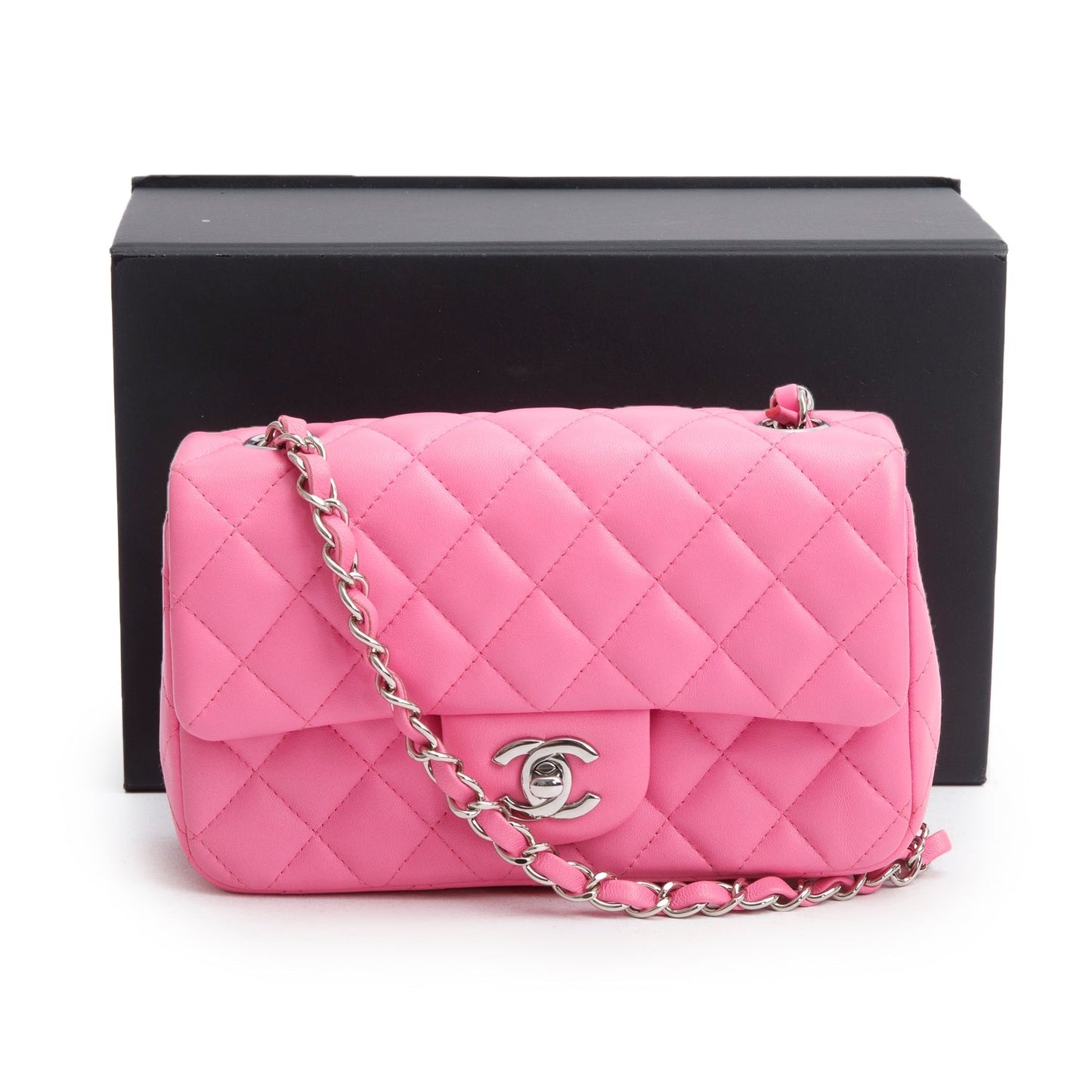 Chanel 2021 Pink Lambskin Quilted Mini Rectangular Flap Bag