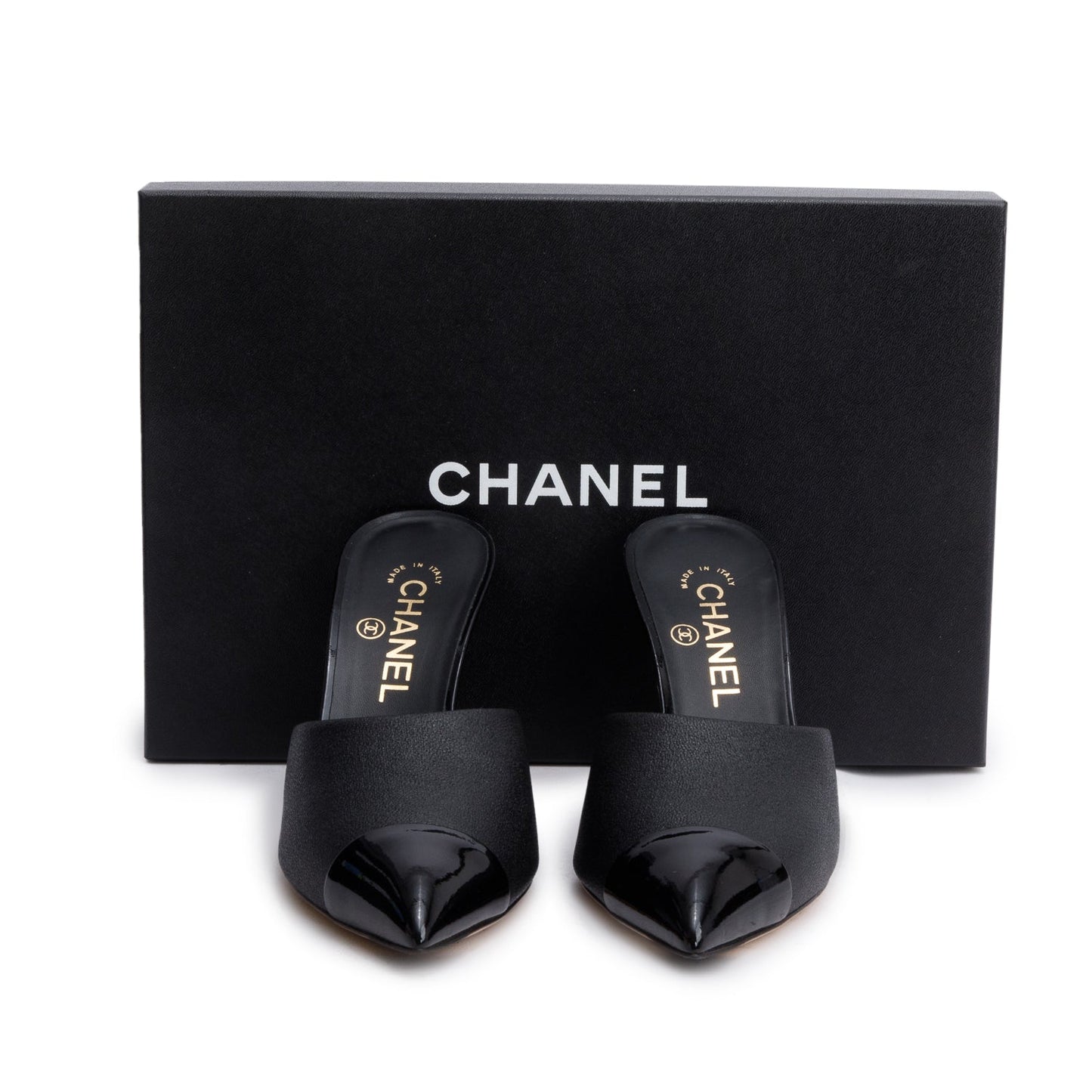 Chanel Black Calfskin Grosgrain Cap Toe Pearl Mule, Size 38