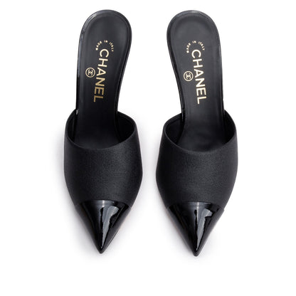 Chanel Black Calfskin Grosgrain Cap Toe Pearl Mule, Size 38