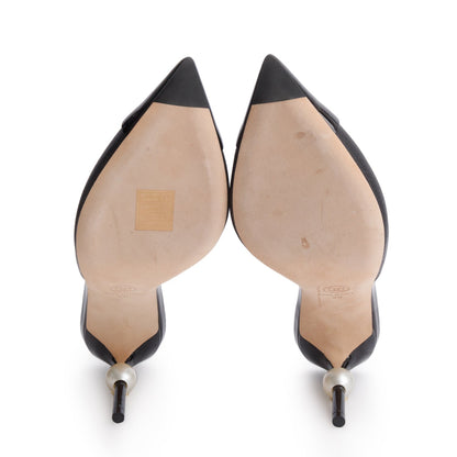 Chanel Black Calfskin Grosgrain Cap Toe Pearl Mule, Size 38