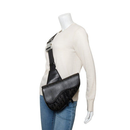 Christian Dior 2021 Black Oblique Galaxy Perforated Leather Saddle Bag