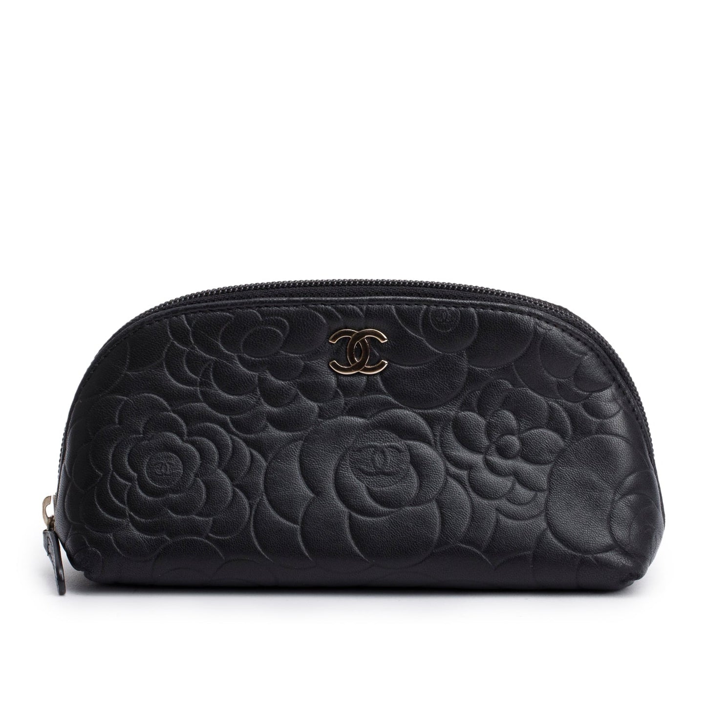 Chanel Black Lambskin Camellia Embossed Cosmetic Case
