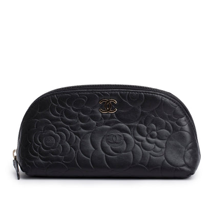 Chanel Black Lambskin Camellia Embossed Cosmetic Case