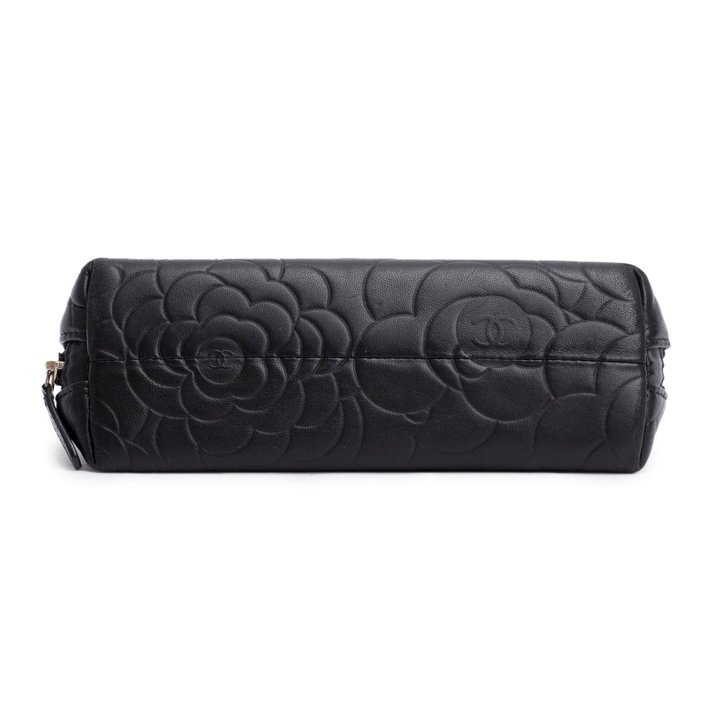 Chanel Black Lambskin Camellia Embossed Cosmetic Case