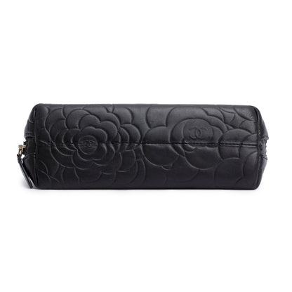 Chanel Black Lambskin Camellia Embossed Cosmetic Case