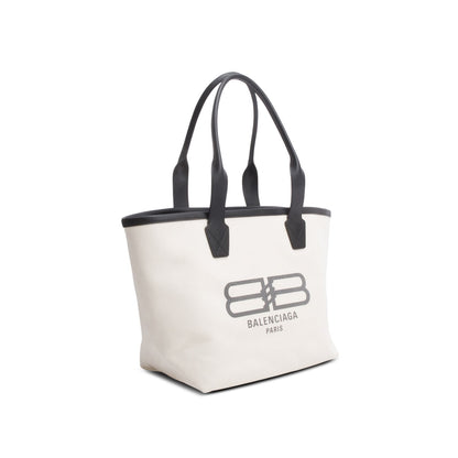Balenciaga White Cotton Canvas Calfskin BB Logo Jumbo Small Tote