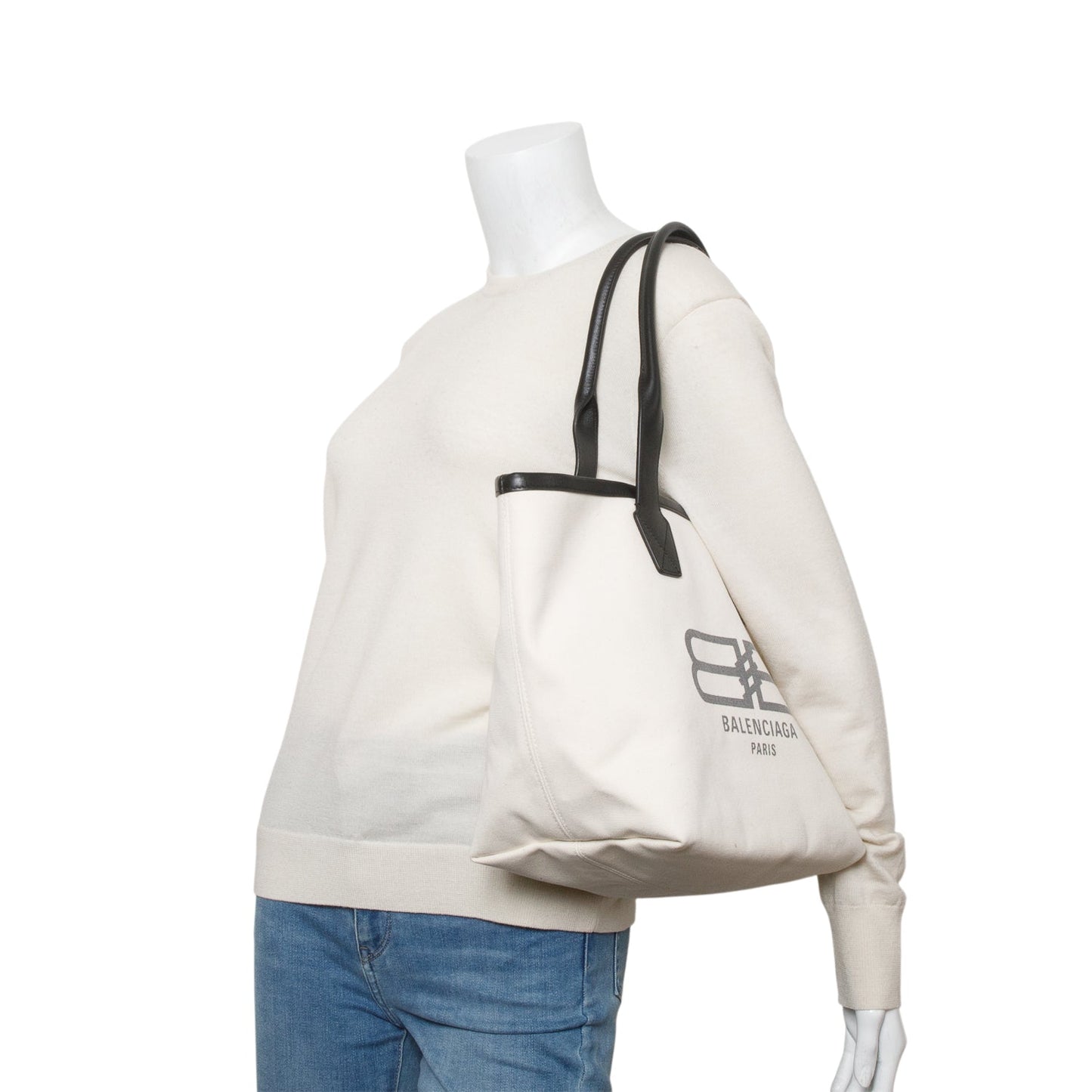 Balenciaga White Cotton Canvas Calfskin BB Logo Jumbo Small Tote