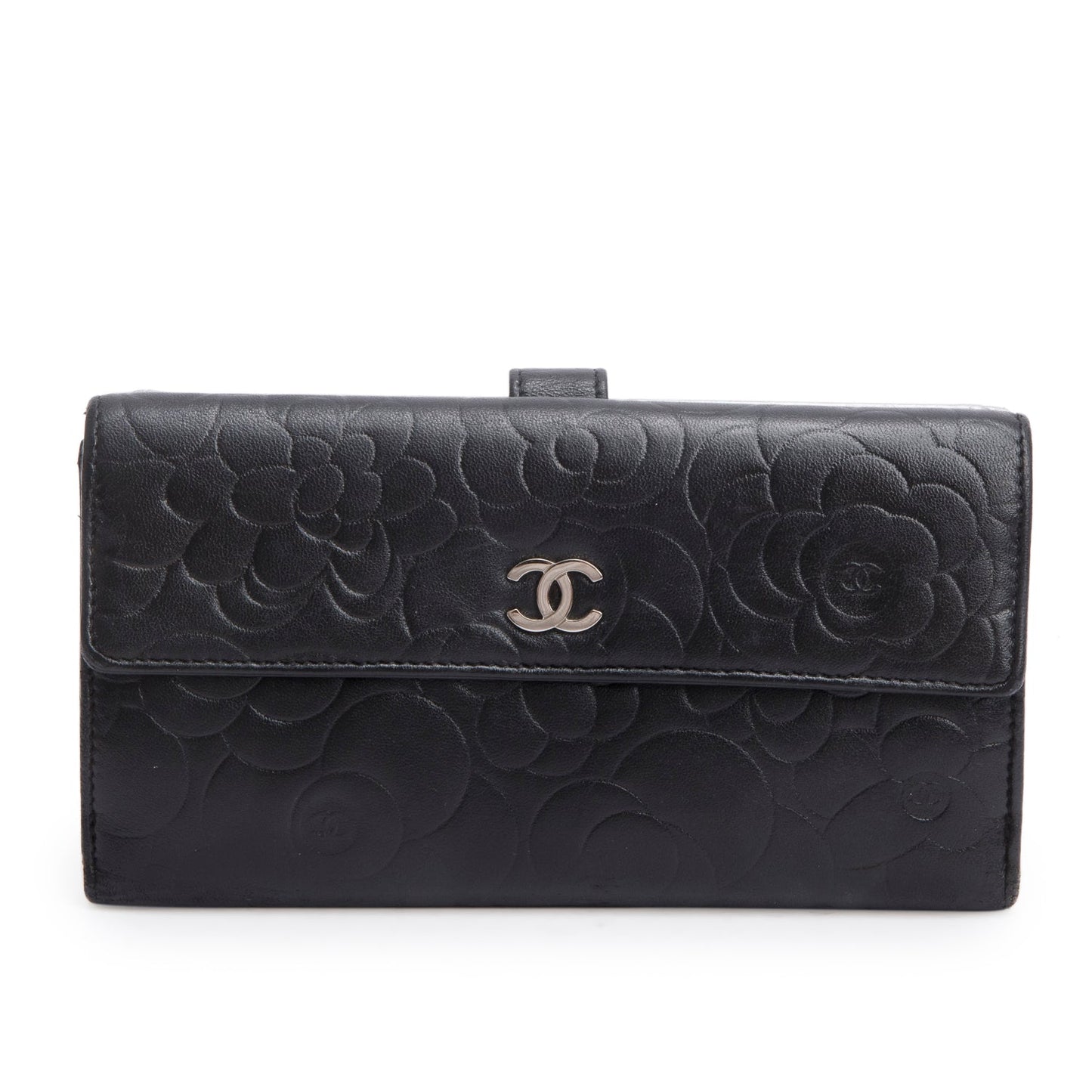 Chanel Black Lambskin Camellia Embossed Large Flap Wallet