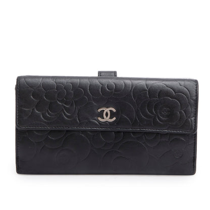 Chanel Black Lambskin Camellia Embossed Large Flap Wallet
