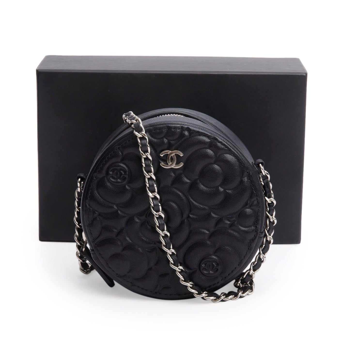 Chanel Black Caviar Camellia Embossed Round Clutch