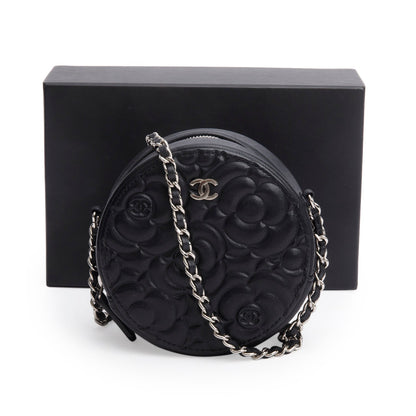 Chanel Black Caviar Camellia Embossed Round Clutch